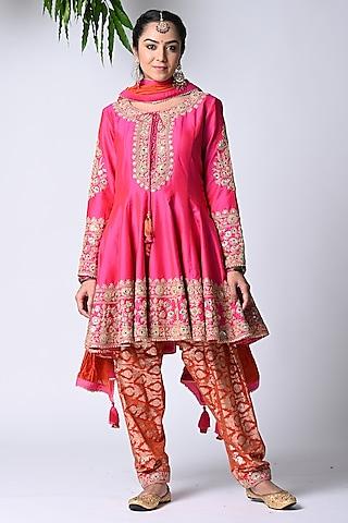 rani pink dupion silk machine embroidered anarkali set