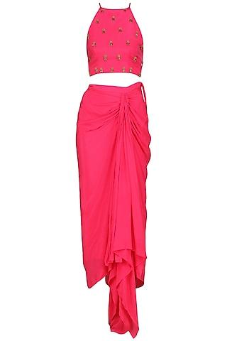 rani pink embroidered crop top with drape skirt