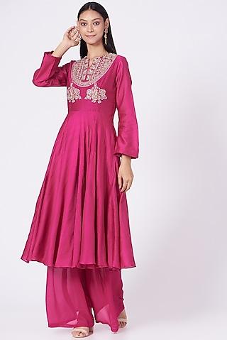 rani pink embroidered long kurta set