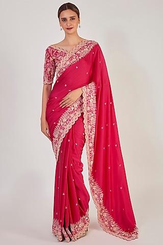 rani pink embroidered saree set