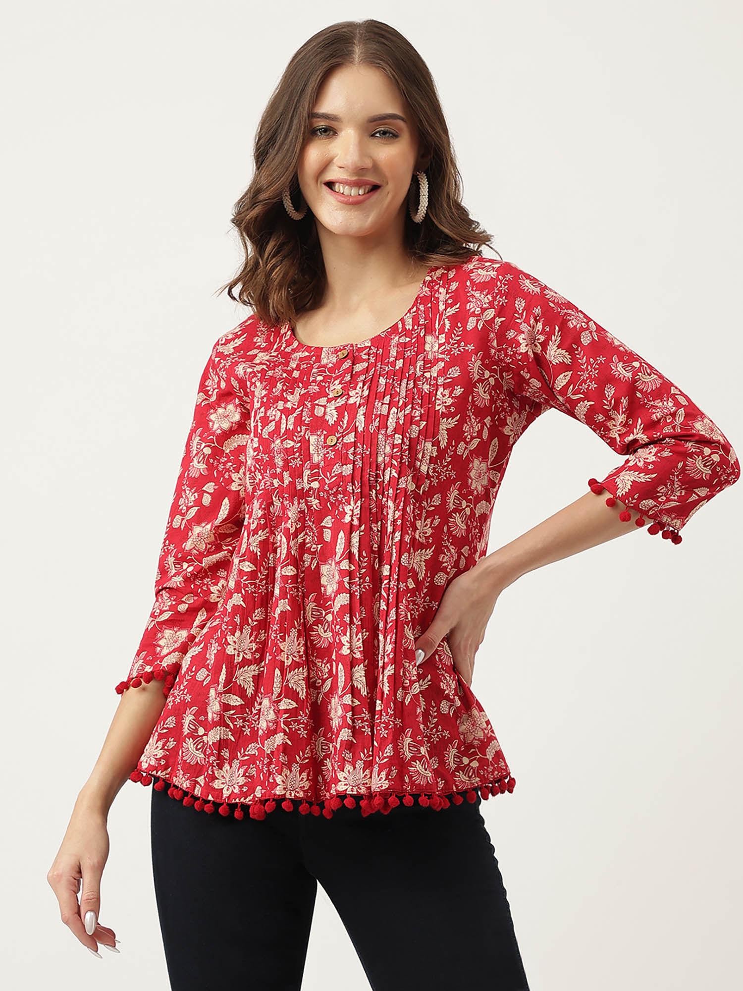 rani pink floral printed cotton peplum top