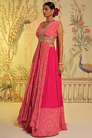 rani pink georgette crepe hand embroidered lehenga set