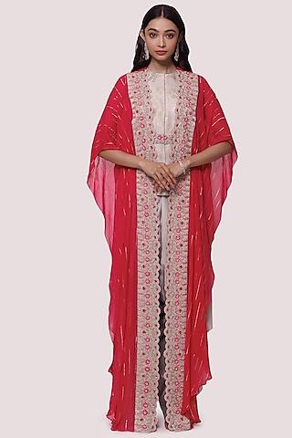 rani pink georgette embroidered kaftan cape set