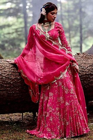 rani pink georgette printed & hand embroidered lehenga set