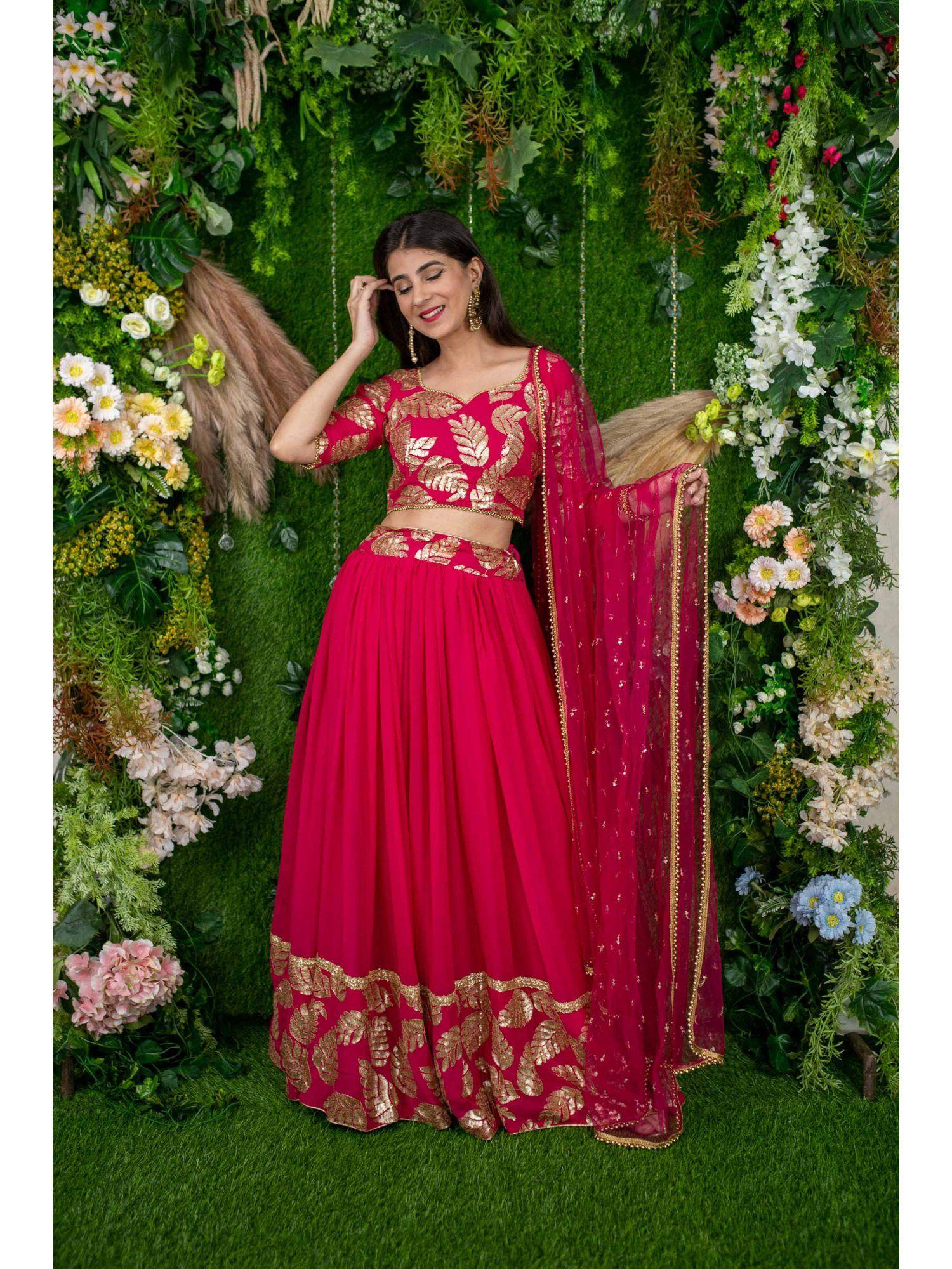 rani pink leaf daman lehenga (set of 3)