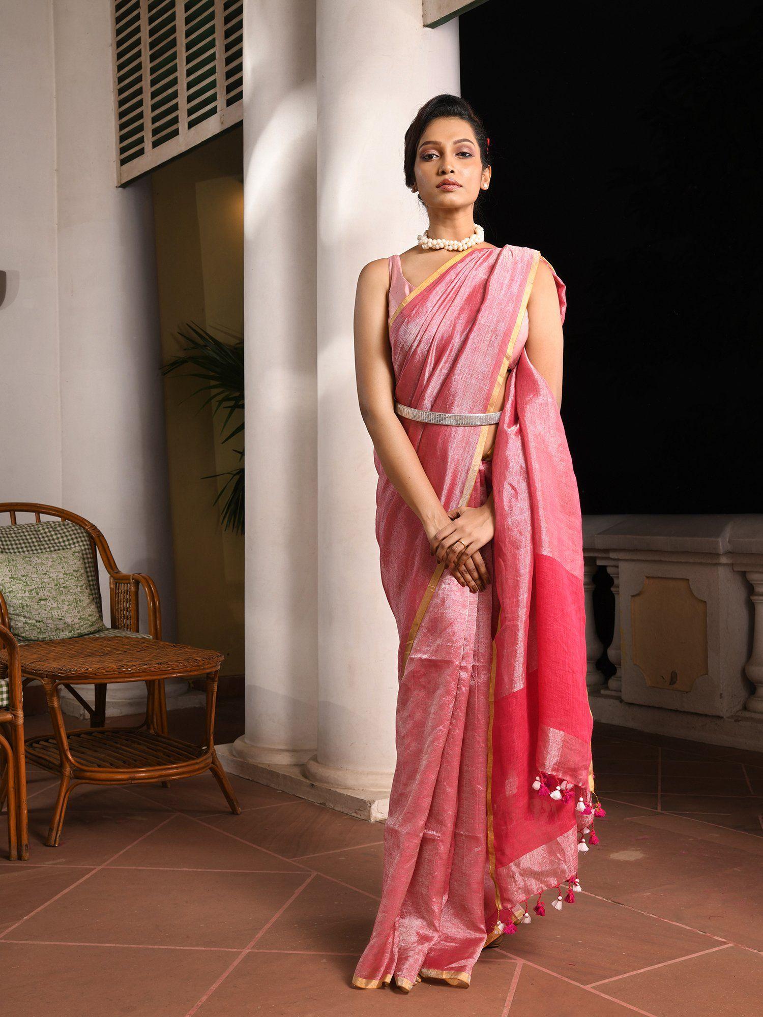 rani pink linen zari tissue handwoven saree with unstitched blouse