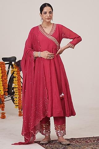 rani pink malai chanderi floral gota work anarkali set