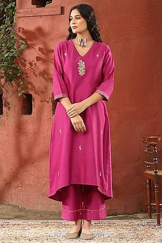 rani pink pure chanderi motif embroidered kurta set