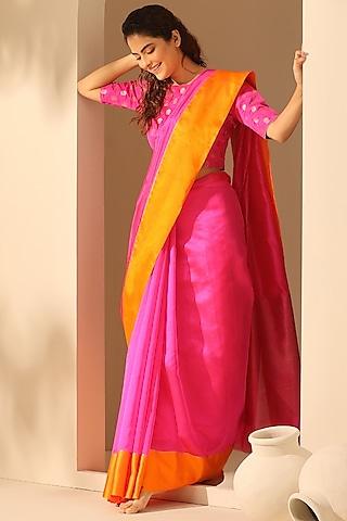 rani pink pure chanderi silk handloom saree set