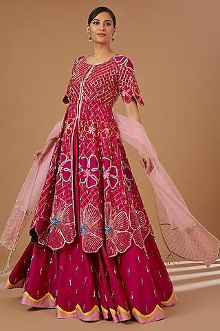 rani pink raw silk crystal embroidered anarkali set