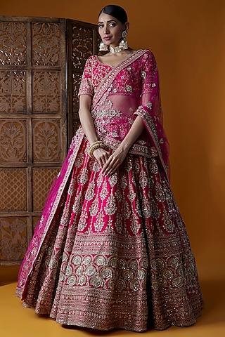 rani pink raw silk embellished lehenga set