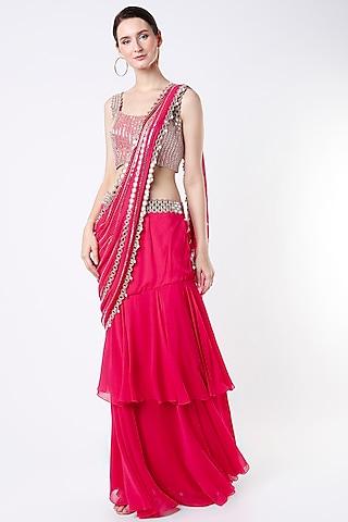 rani pink saree set with mirror work