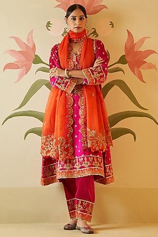 rani pink satin gota patti & applique embroidered choga kurta set