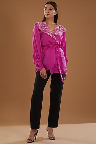 rani pink satin organza chikankari top with belt