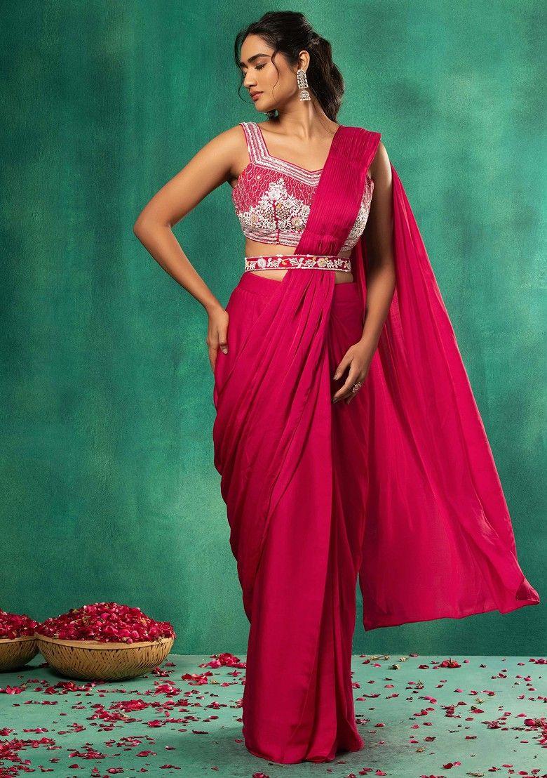 rani pink satin pre-stitched saree set with hand embellished blouse and belt