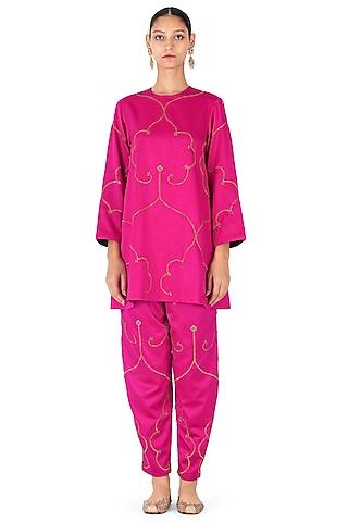 rani pink satin silk dori work & sequins hand embroidered kurta set