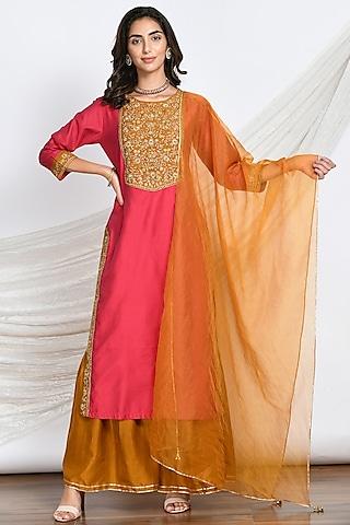 rani pink silk chanderi embroidered kurta set