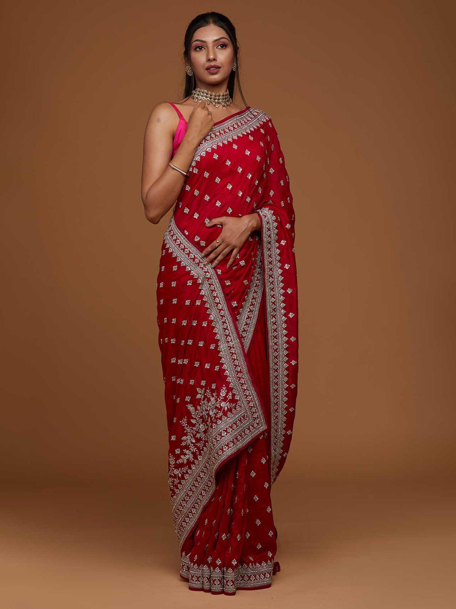 rani pink silver zari work raw silk saree with unstitched blouse