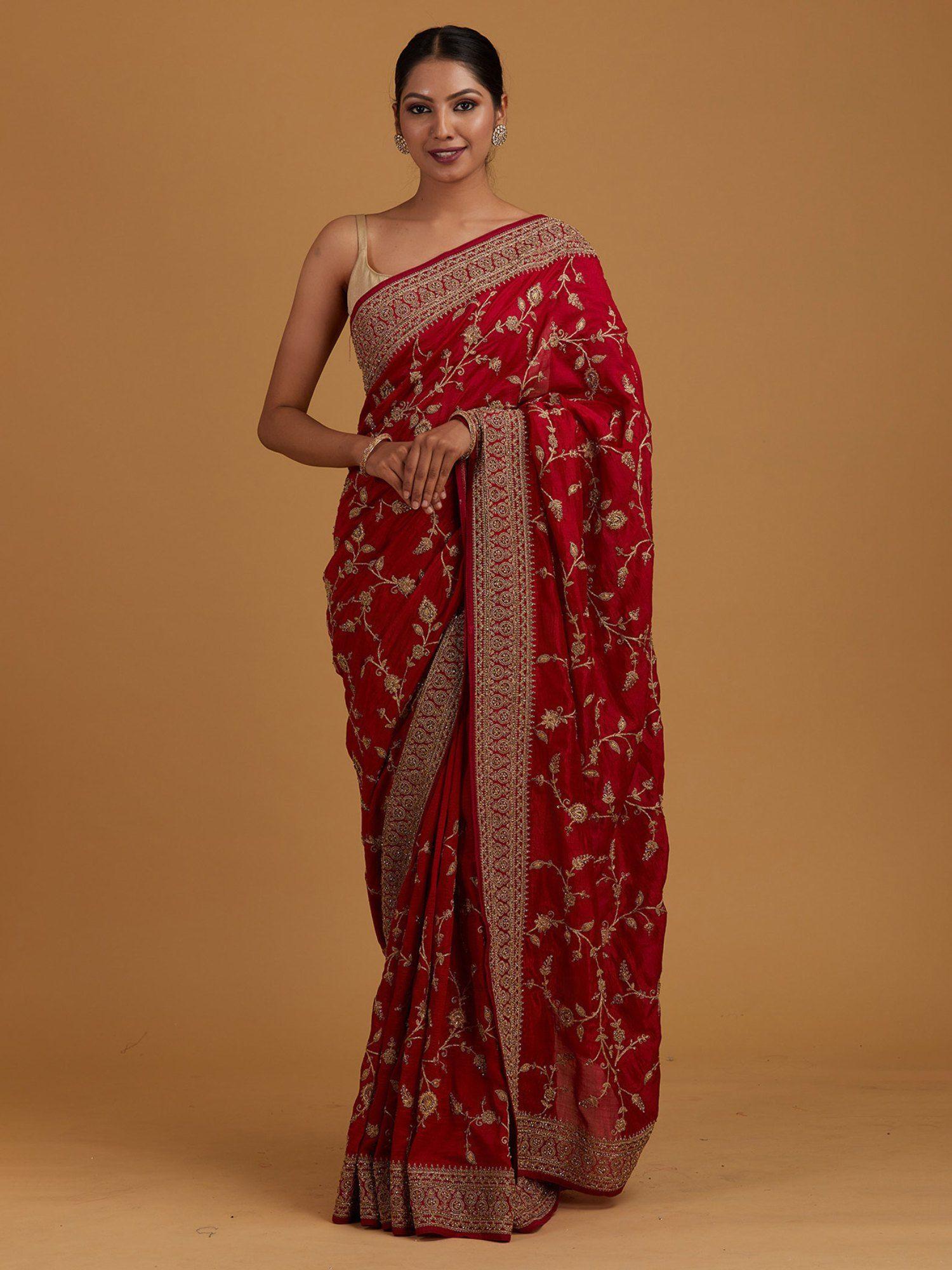 rani pink stonework raw silk designer saree with unstitched blouse