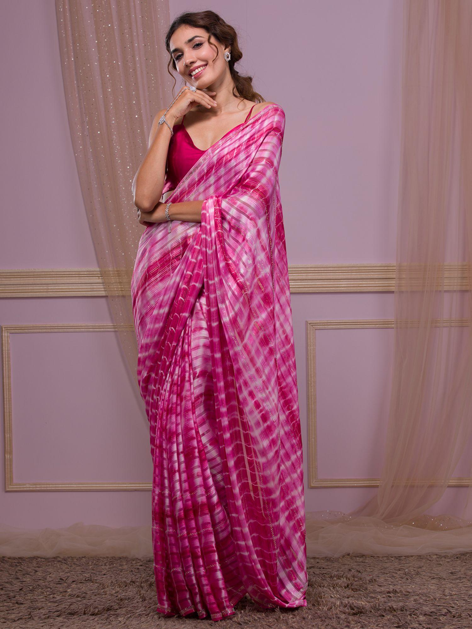 rani pink swarovski georgette saree with unstitched blouse