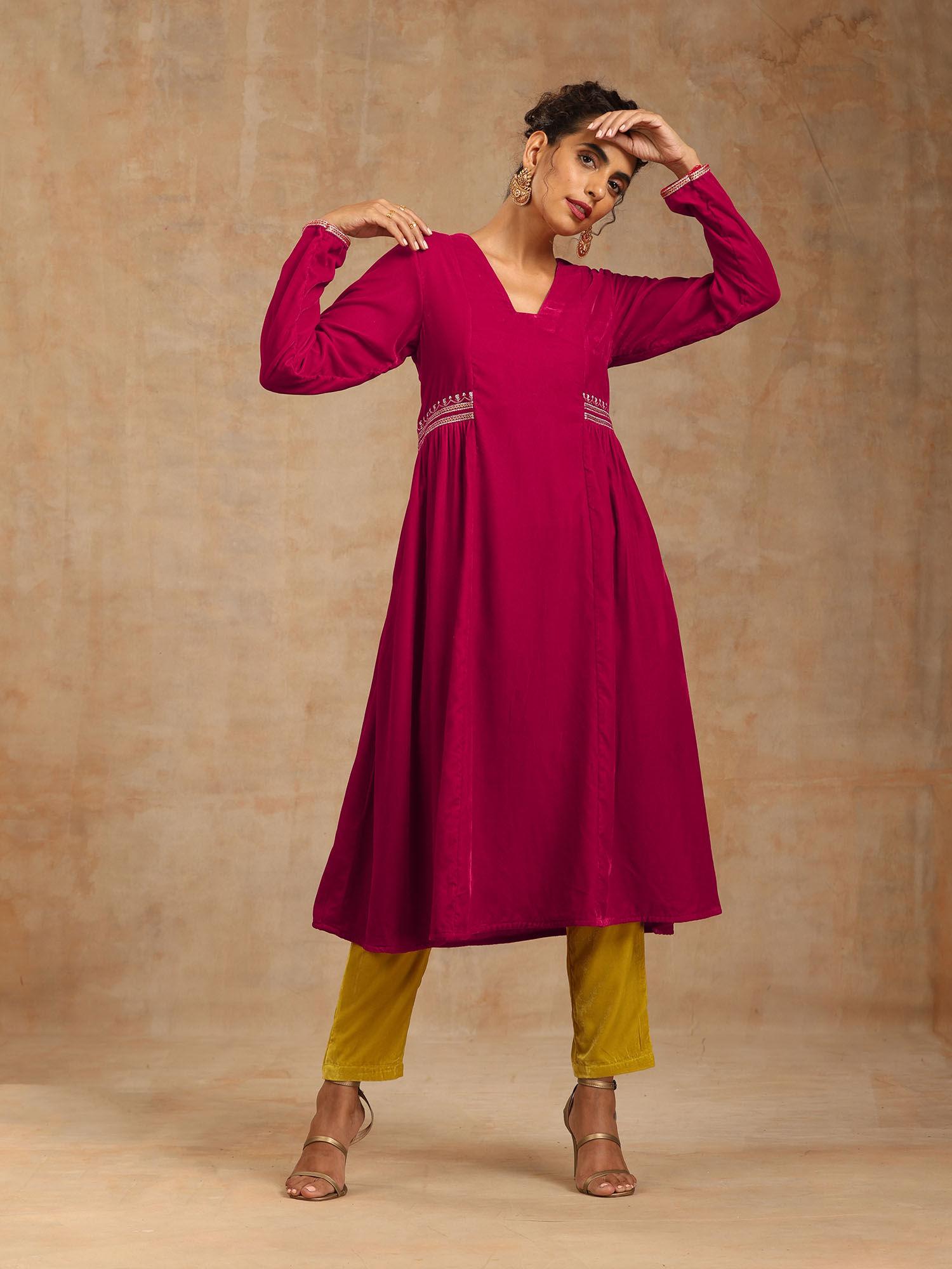 rani pink velvet embroidered kurta