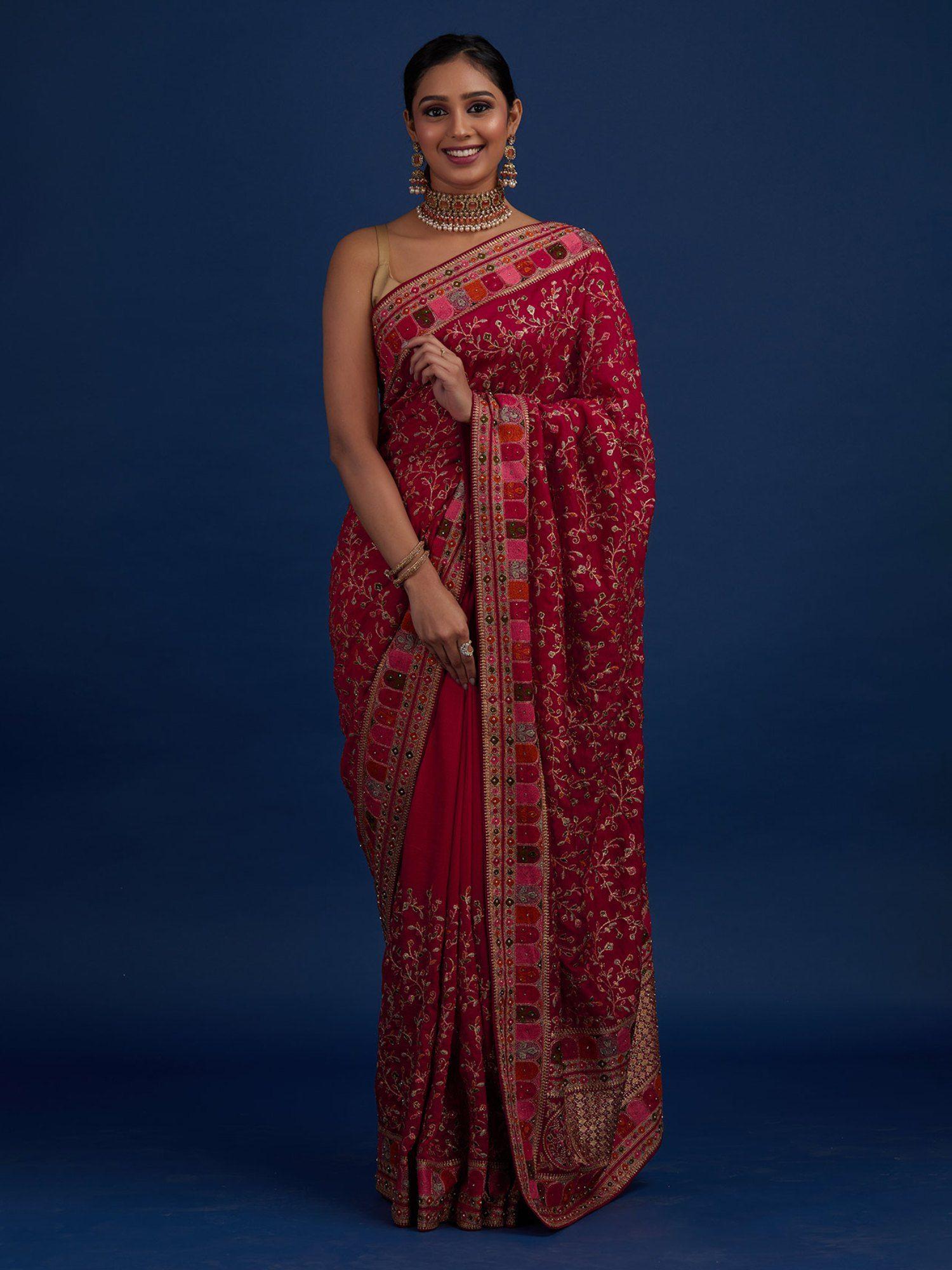 rani pink zari work art silk designer saree with unstitched blouse