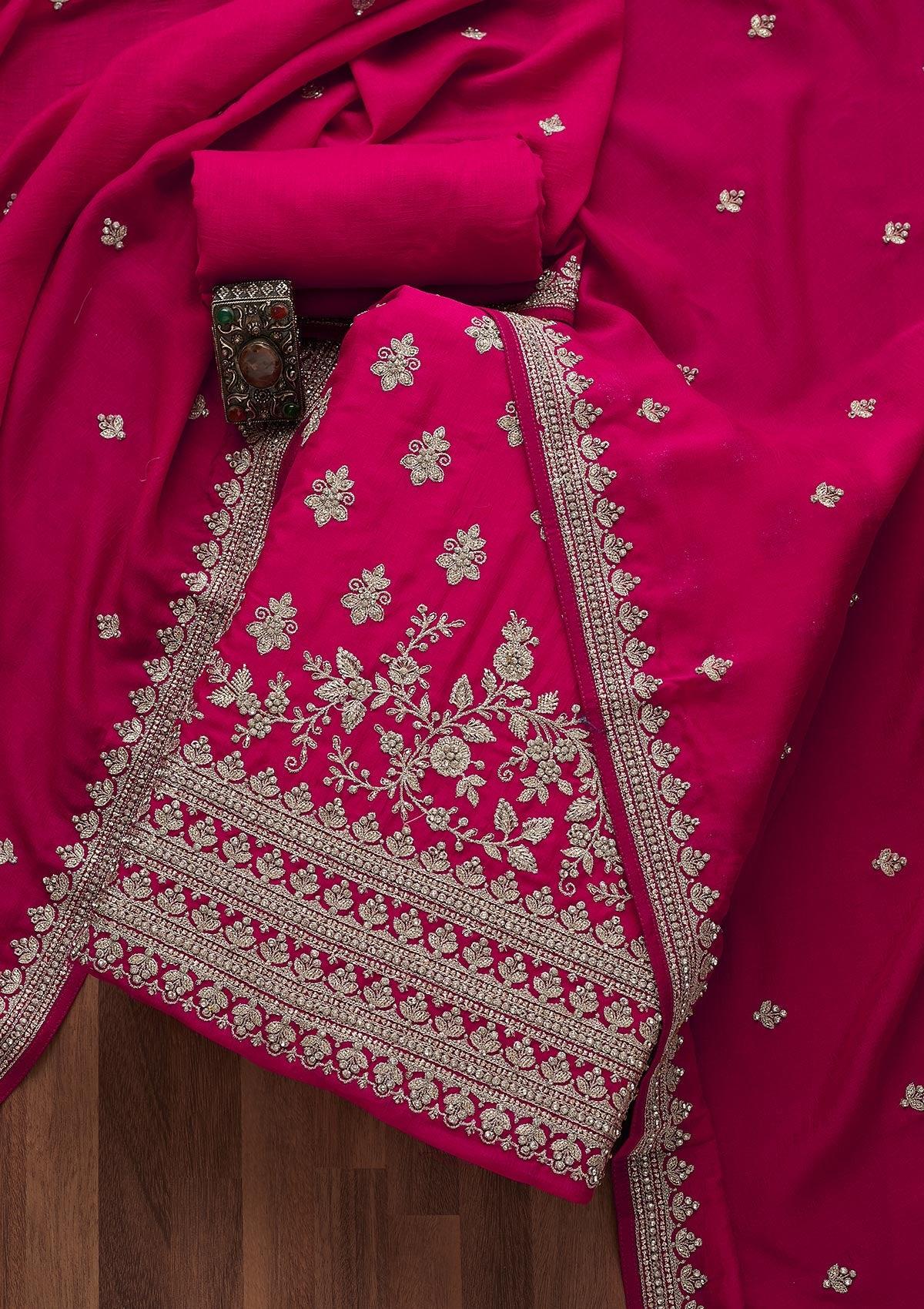 rani pink zariwork art silk unstitched salwar suit