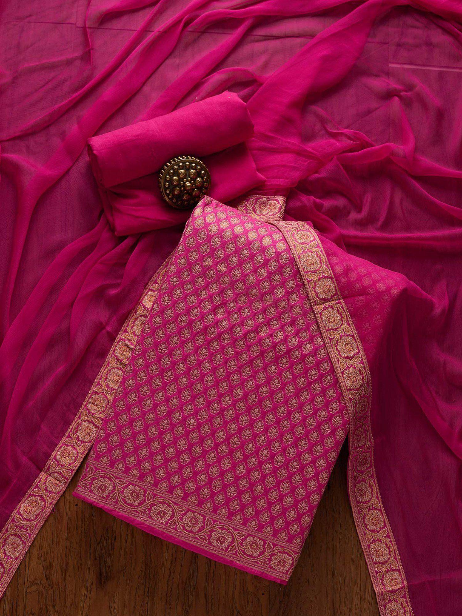 rani pink zariwork banarasi unstitched salwar suit (set of three)