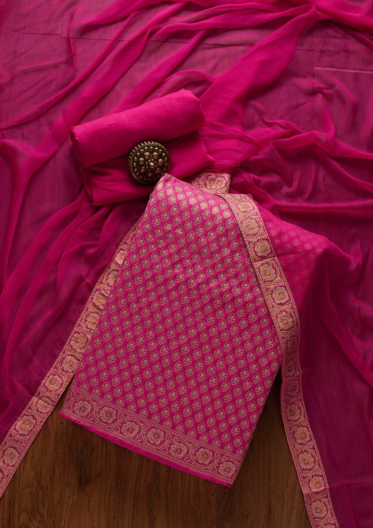 rani pink zariwork banarasi unstitched salwar suit