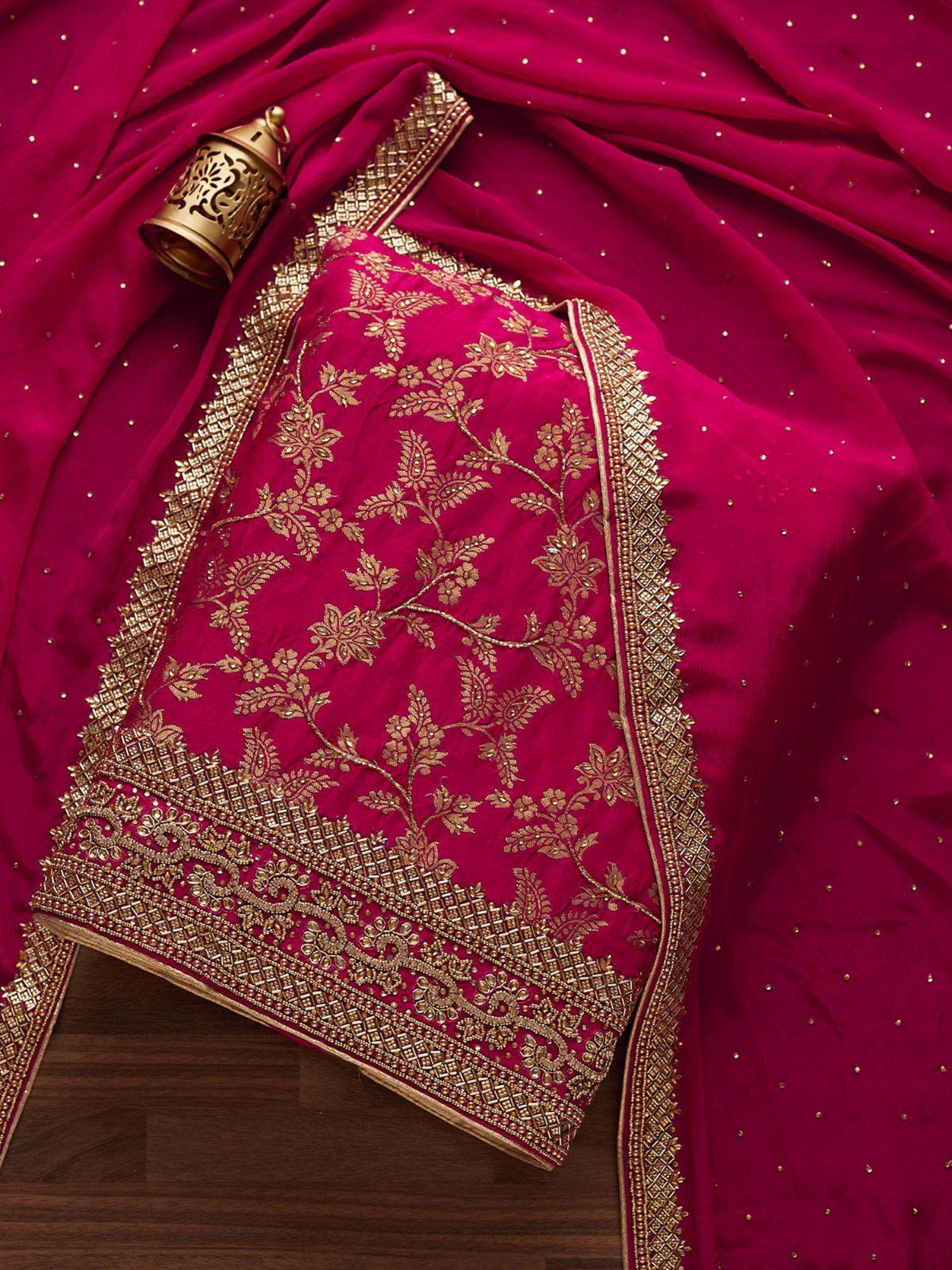 rani pink zariwork chanderi designer unstitched salwar suit (set of three)