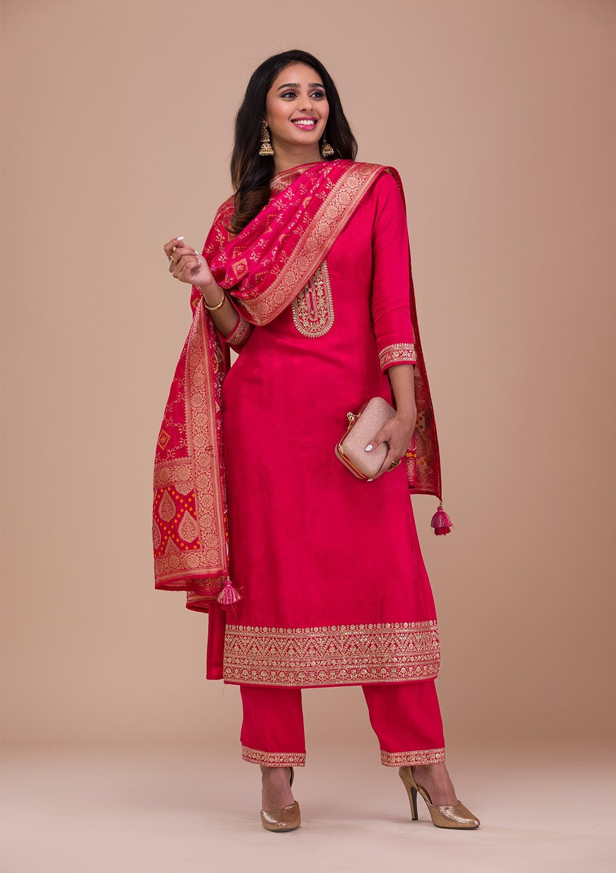 rani pink zariwork semi crepe readymade salwar suit