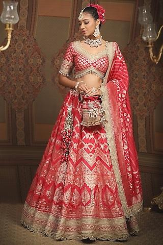 rani red banarasi machine embroidered lehenga set