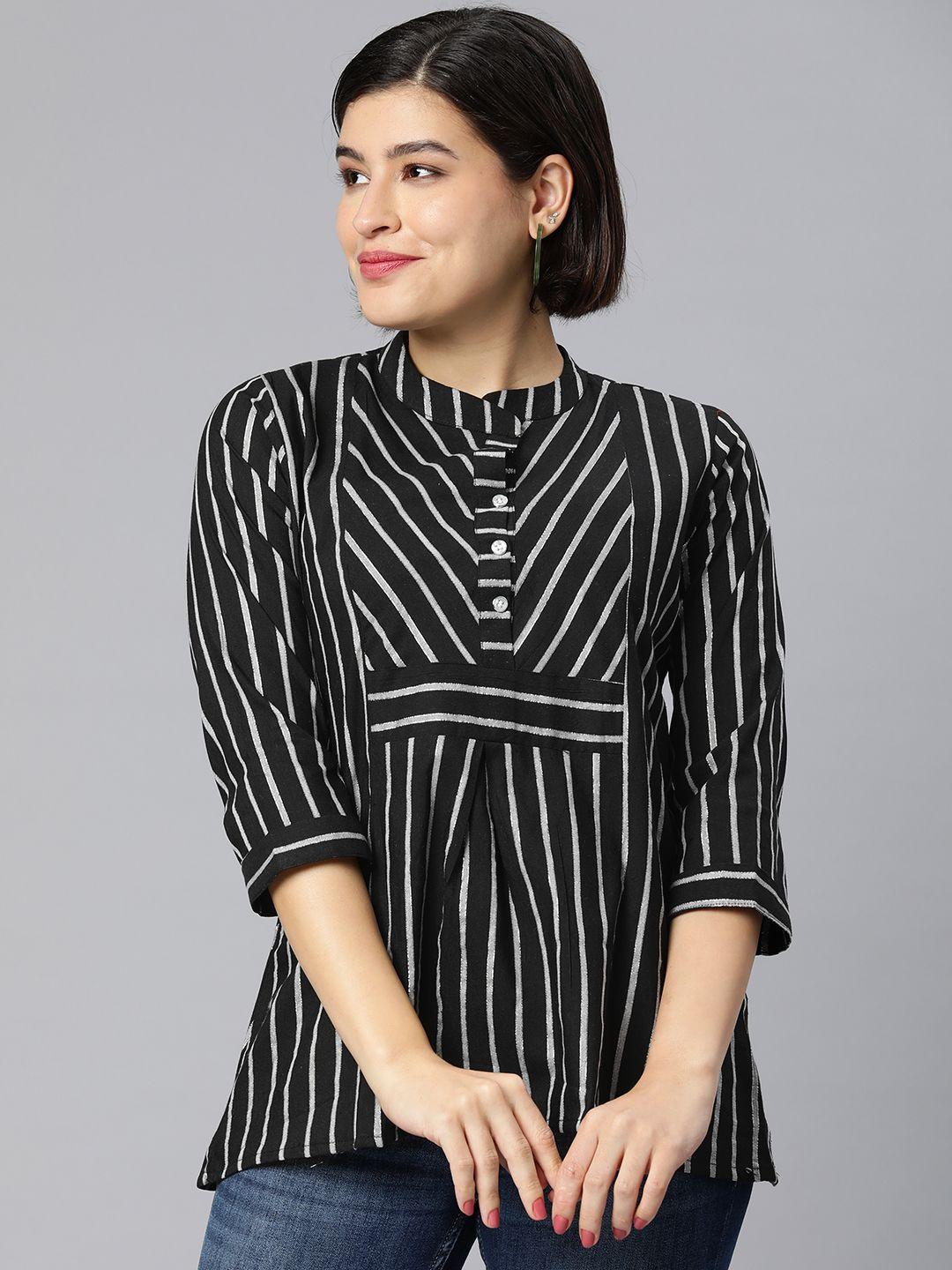 rani saahiba striped mandarin collar linen longline top