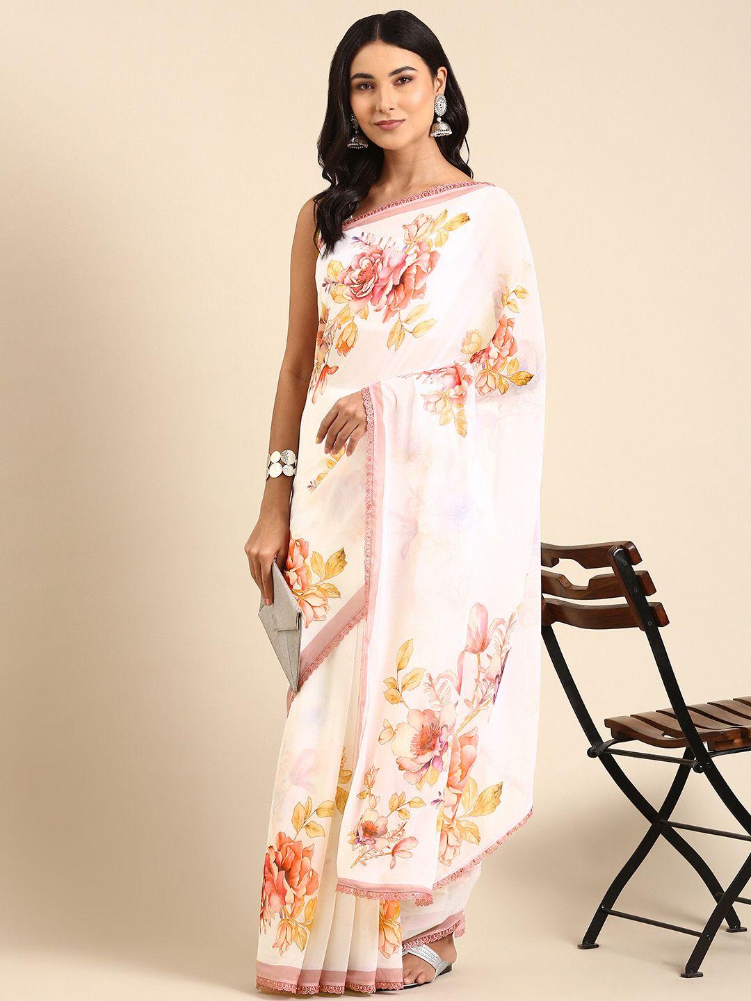 rani saahiba white & pink floral saree