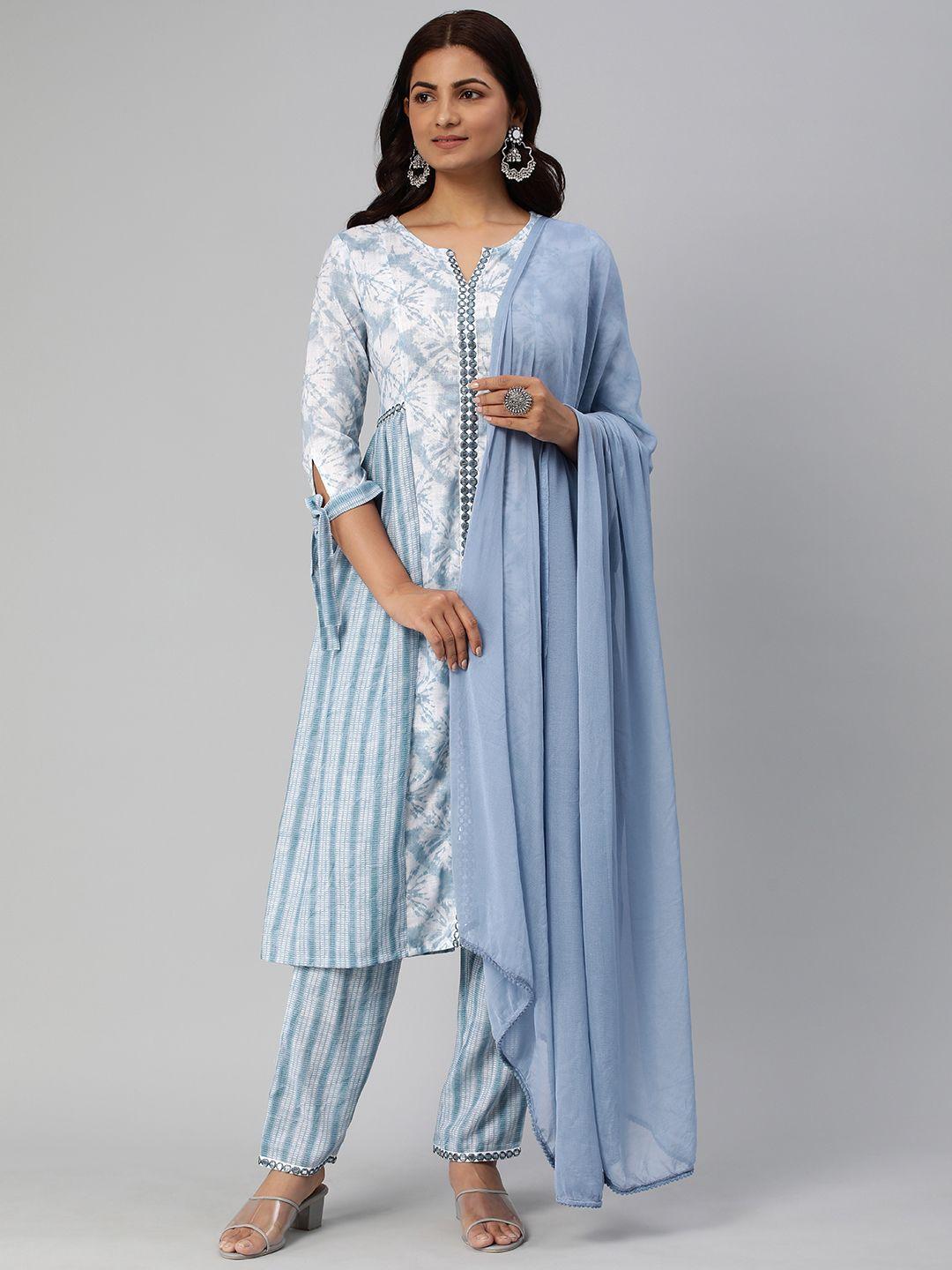 rani saahiba women printed regular thread work kurta with trousers & with dupatta