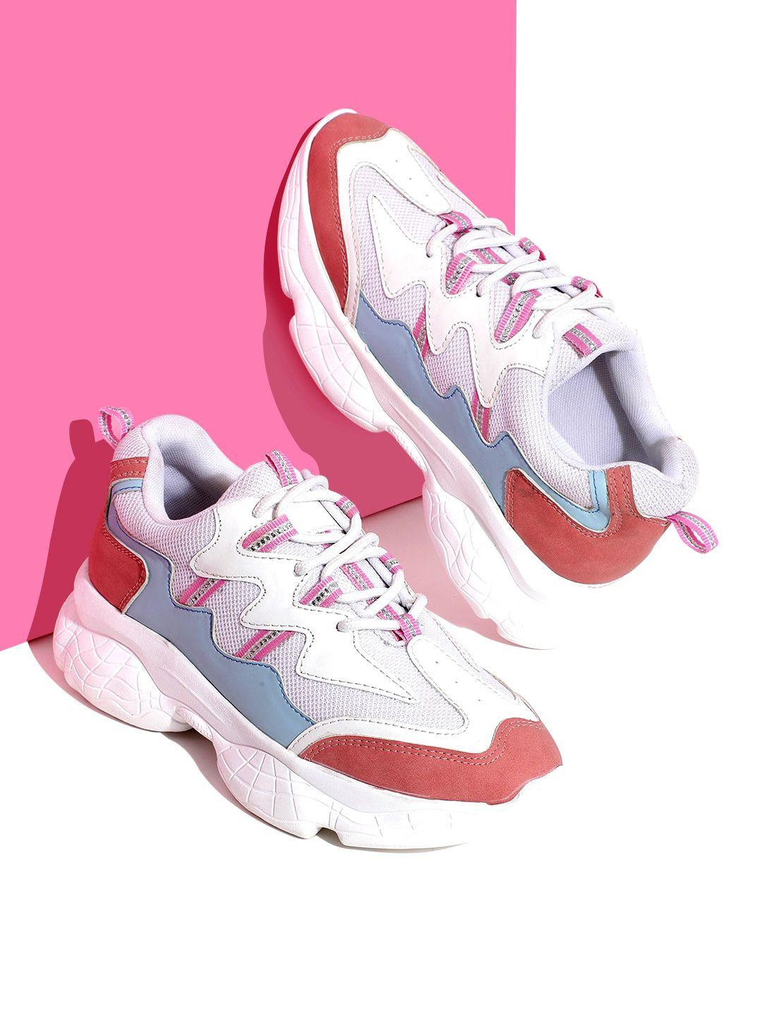 rapidbox women white & coral colourblocked sneakers