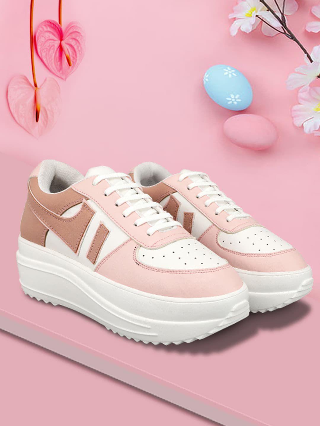 rapidbox women white & peach colourblocked sneakers