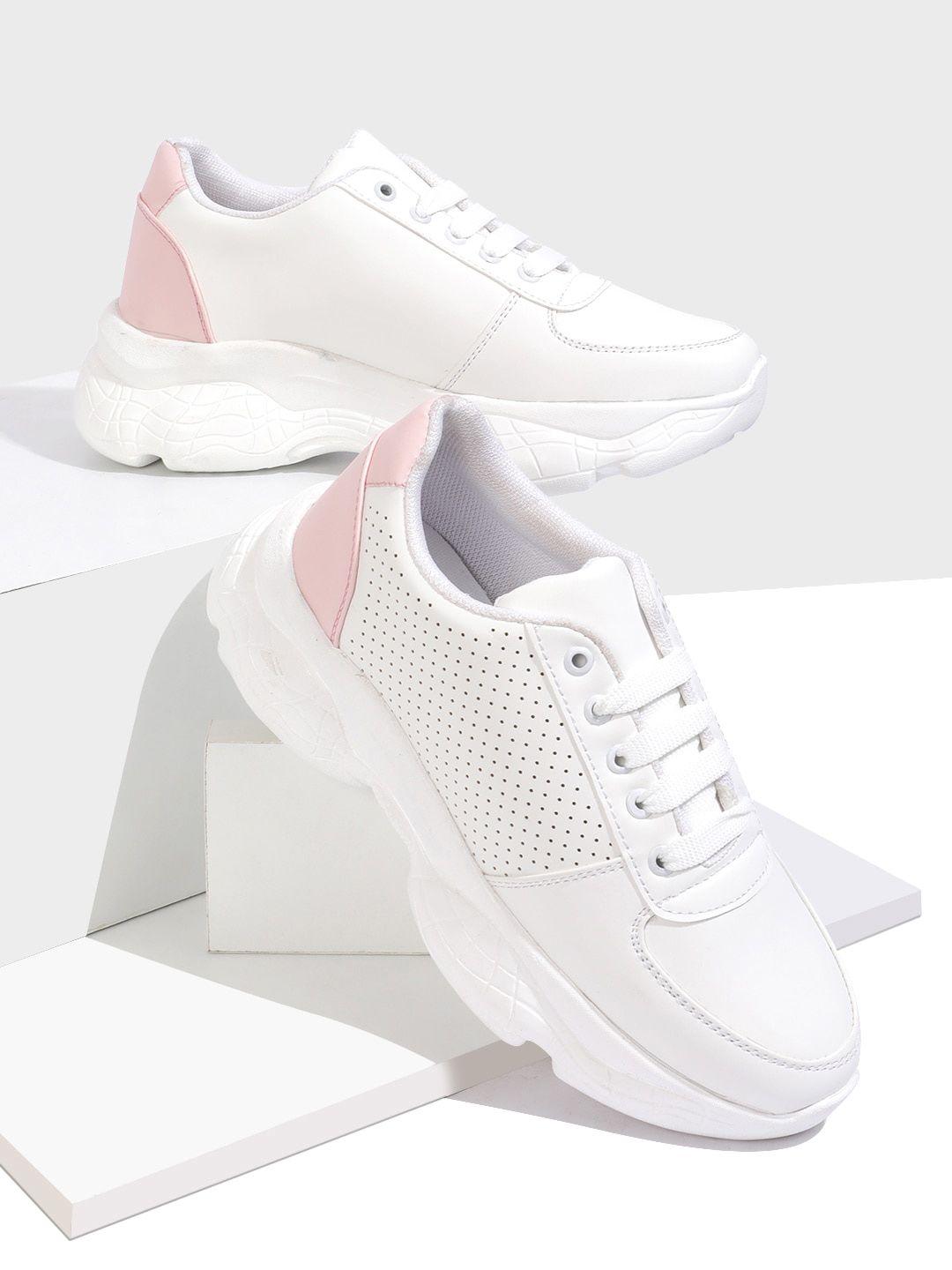 rapidbox women white & pink lace up sneakers