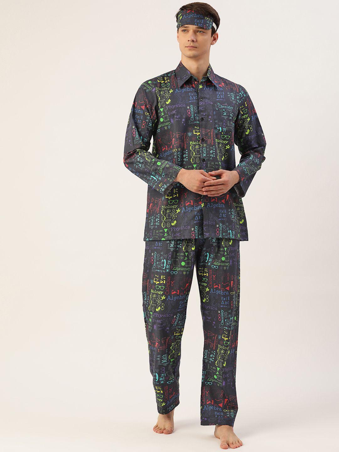 rapra the label men navy blue & multicoloured printed night suit with eye cover