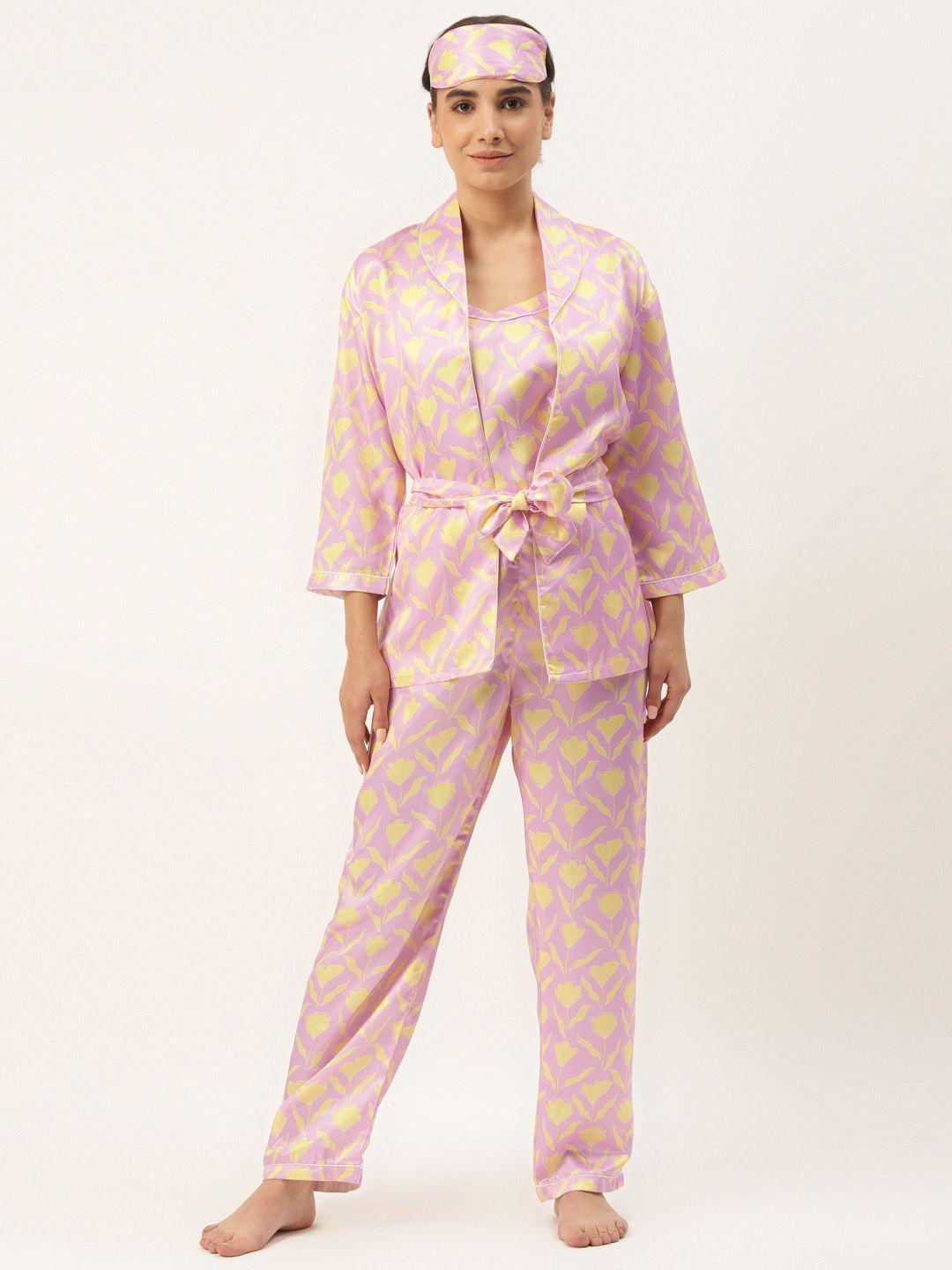 rapra the label women 7 pcs pink & yellow floral print satin pyjama set