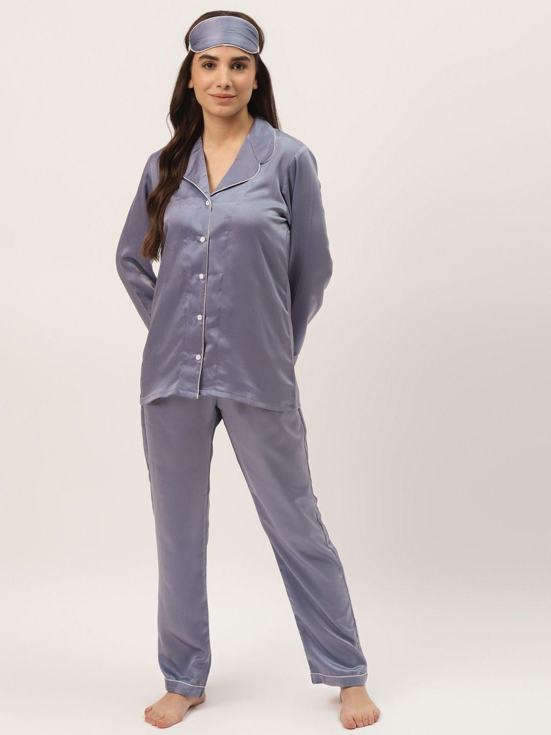 rapra the label women blue solid satin pyjama set