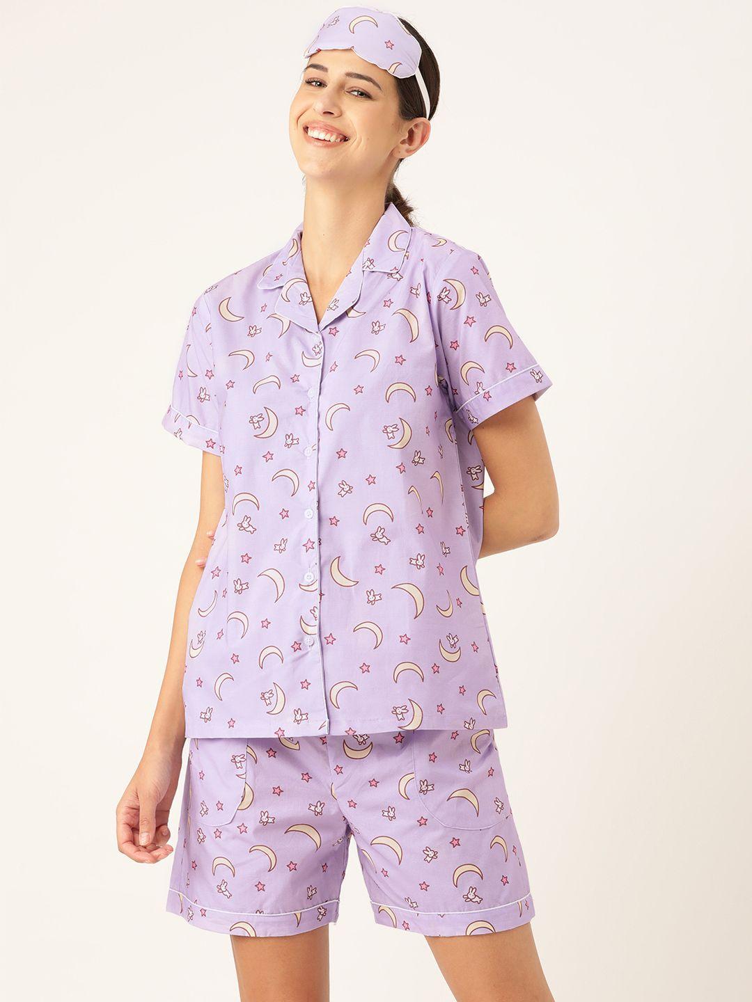 rapra the label women lavender & cream-coloured printed night suit