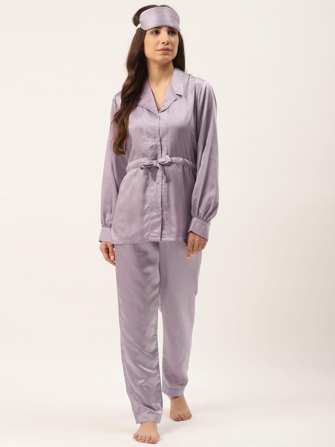 rapra the label women lavender solid satin tie-up pyjama set
