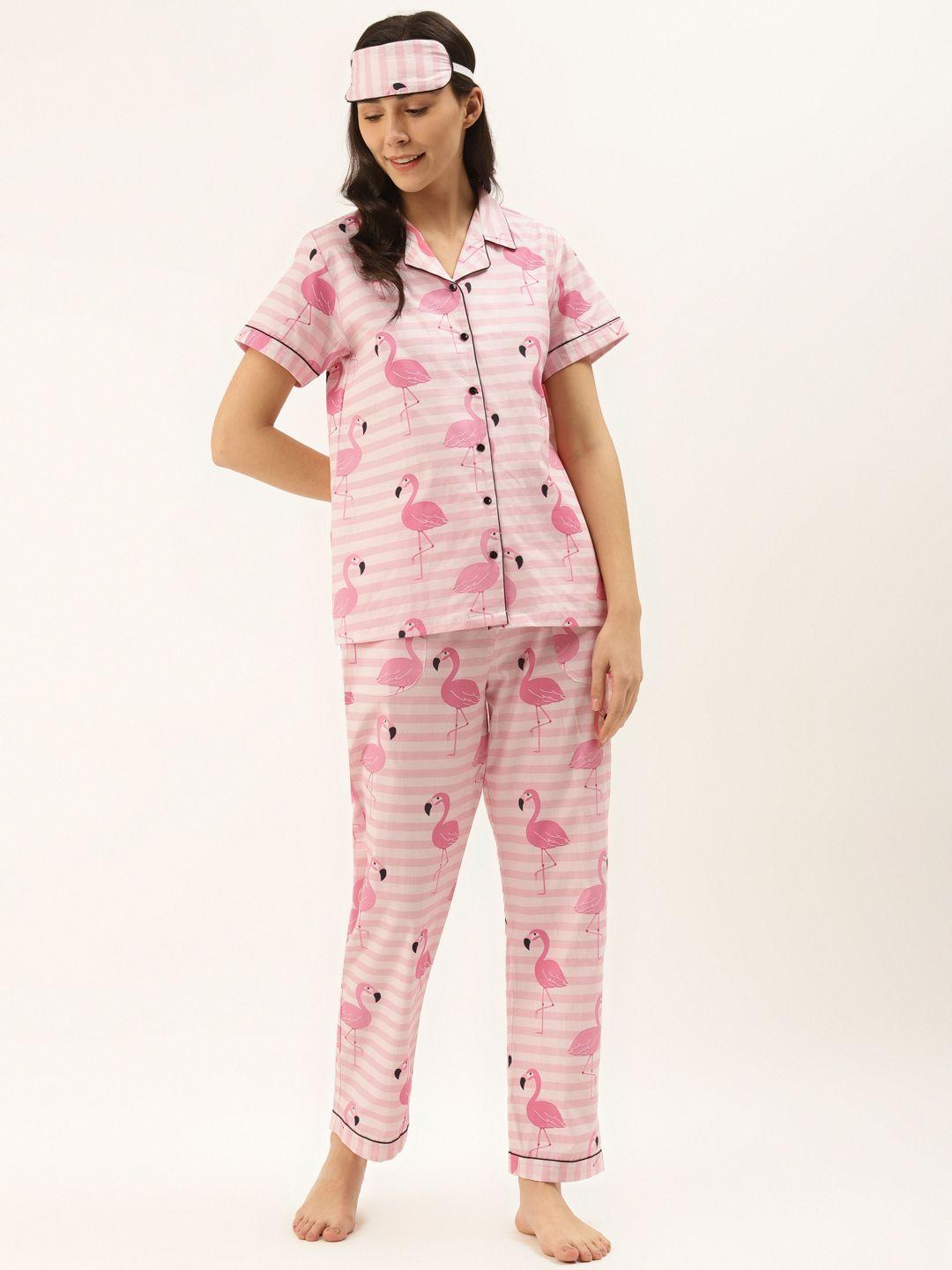 rapra-the-label-women-pink-flamingo-printed-pure-cotton-night-suit-with-eye-mask