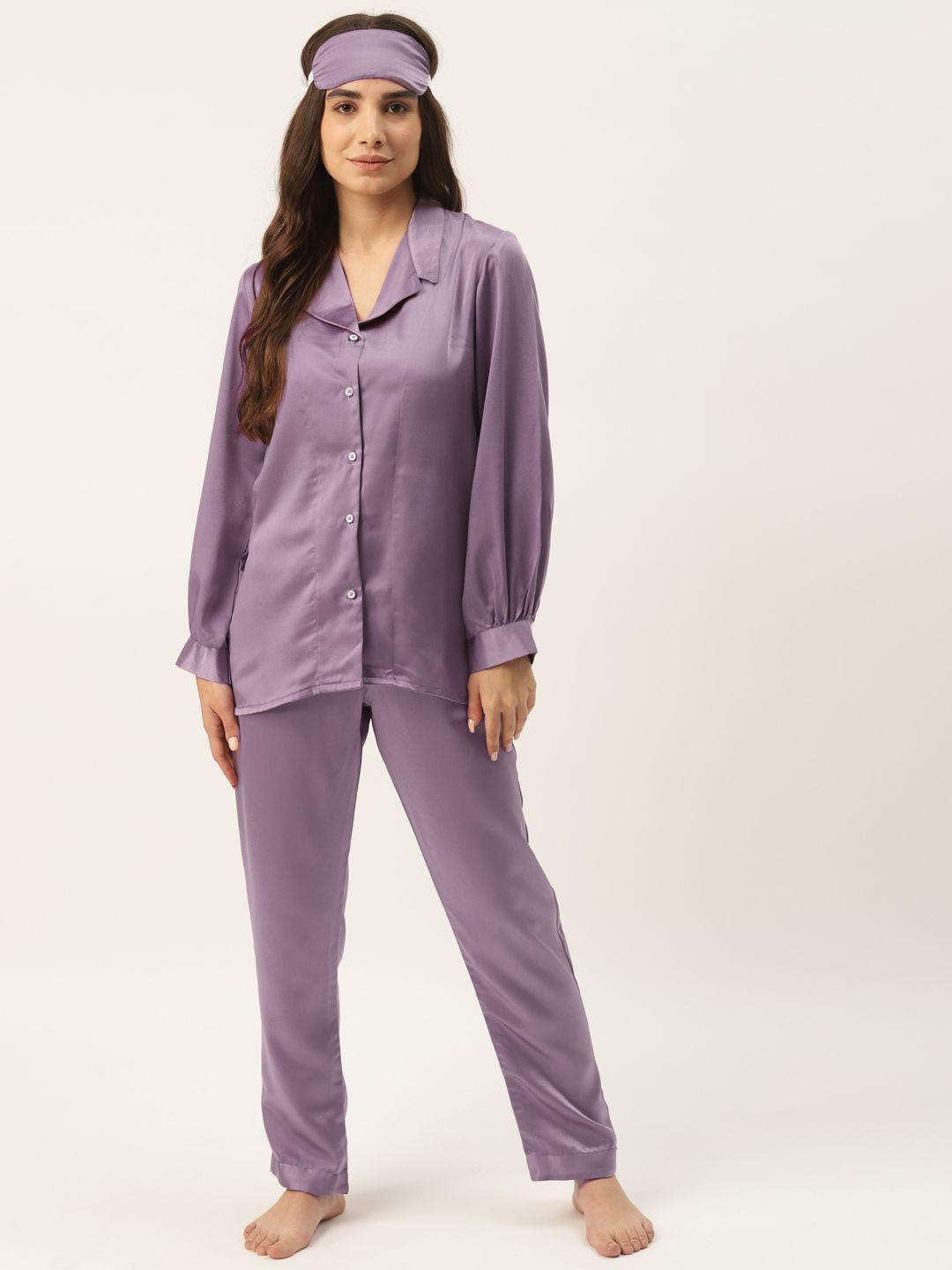 rapra the label women purple solid satin pyjama set