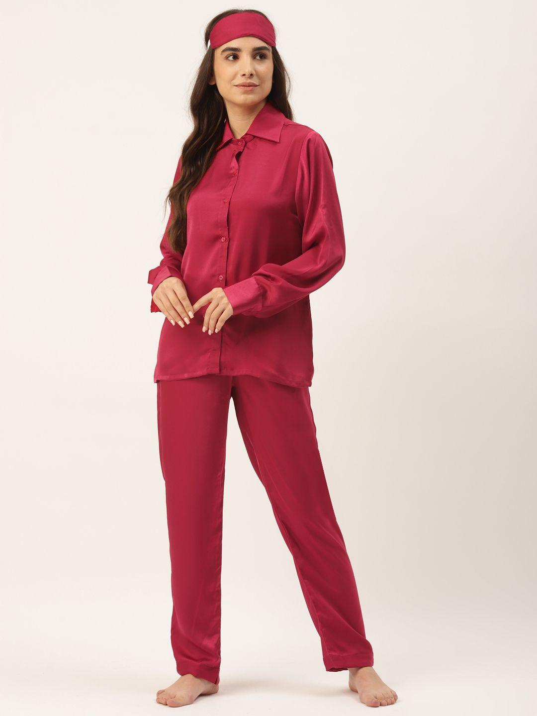 rapra the label women red solid satin pyjama set
