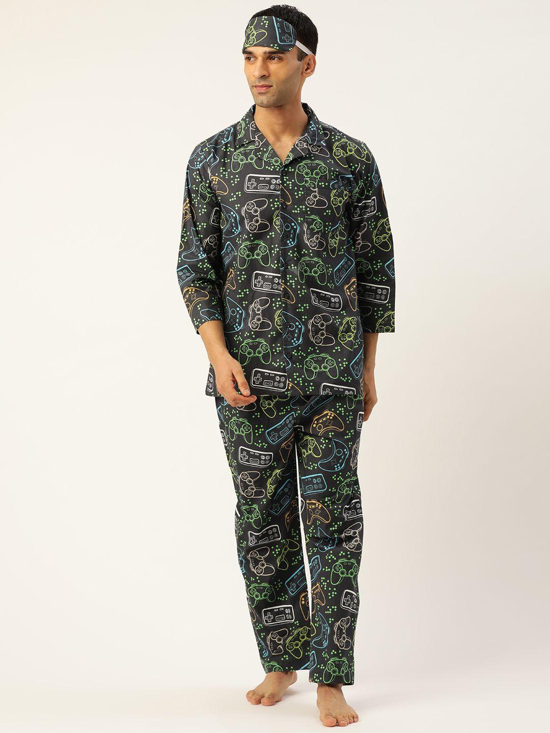 rapra the label men black & multicoloured printed night suit