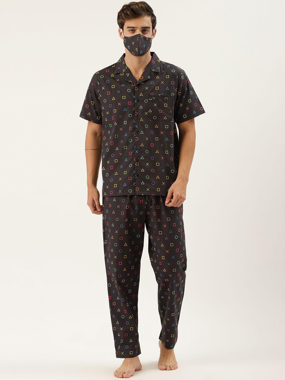 rapra the label men black & yellow pure cotton printed night suit