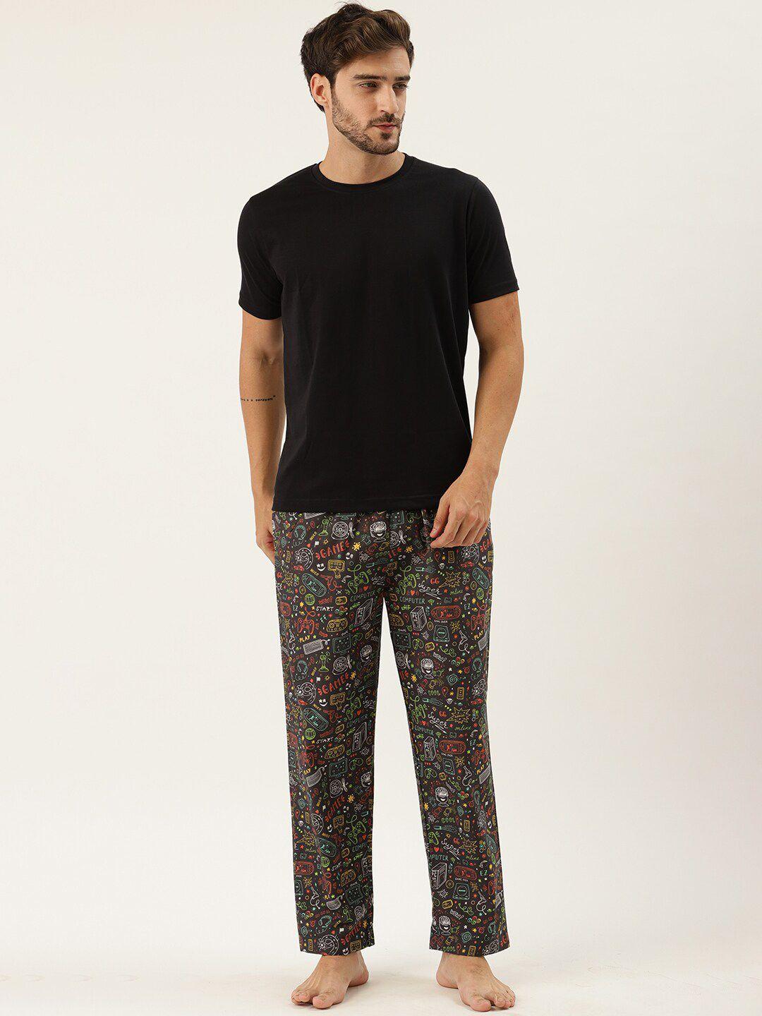 rapra the label men black cotton graphic printed lounge pants