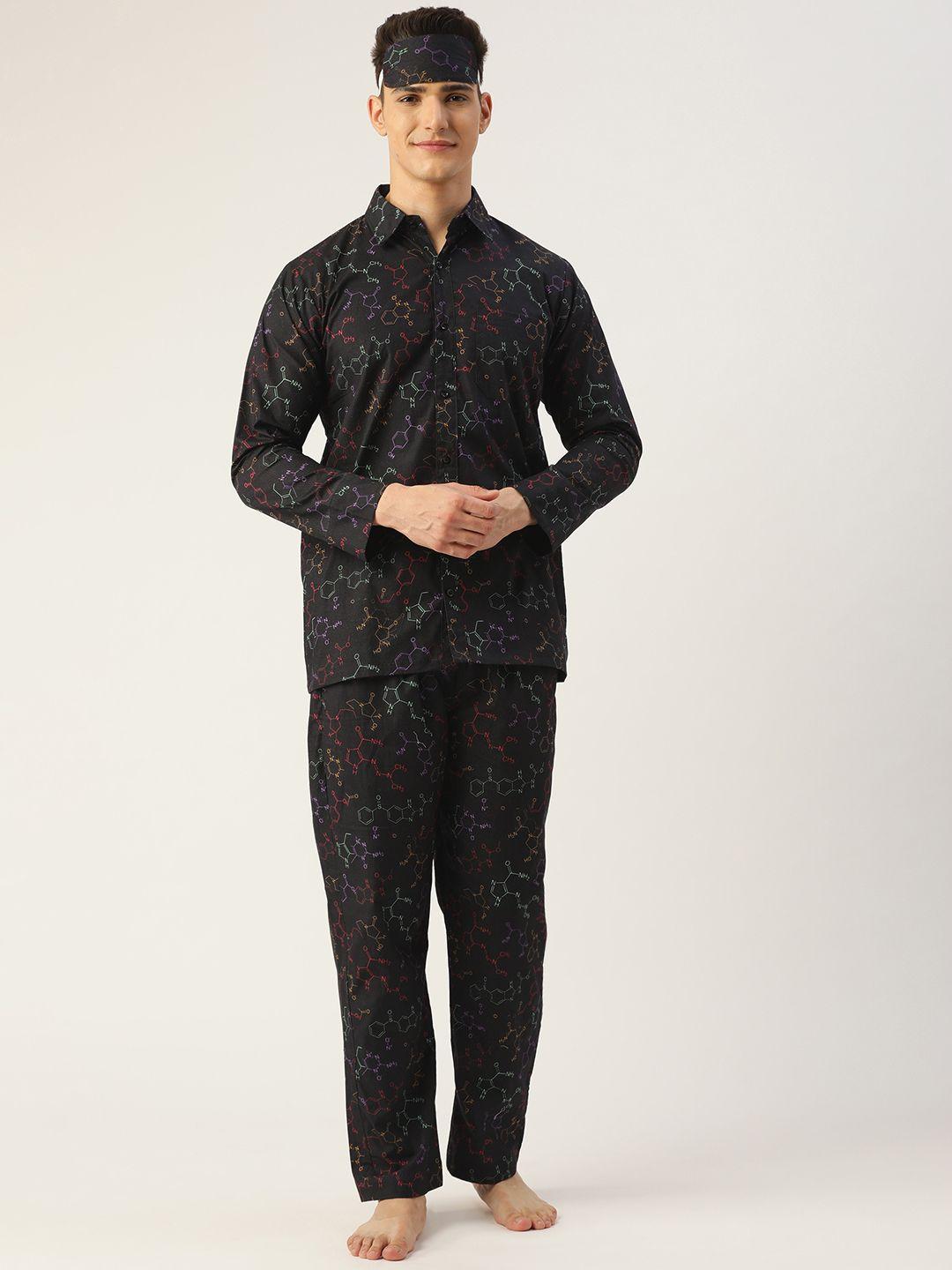 rapra the label men black pure cotton printed night suit with an eye mask